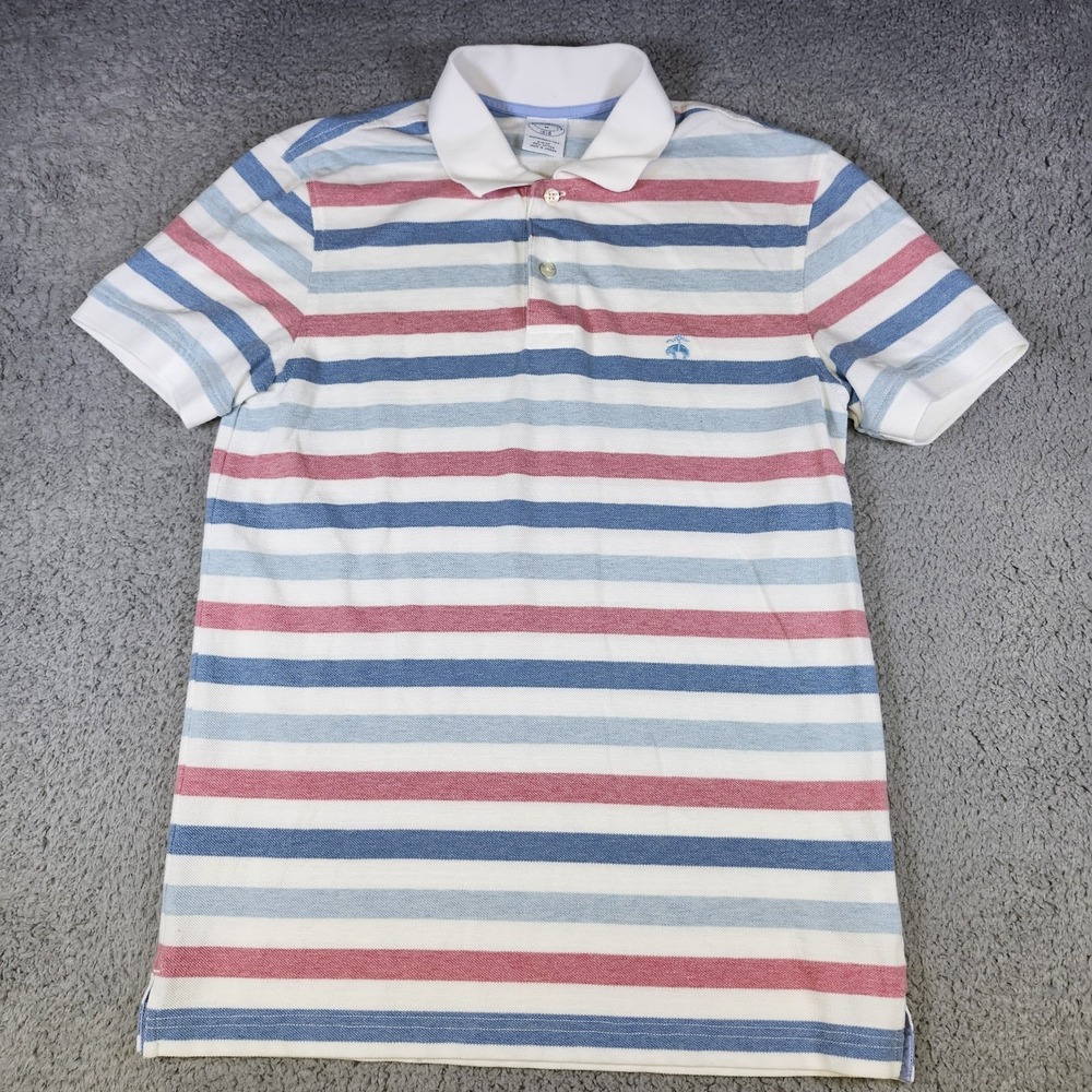 Brooks Brothers Polo Shirt Mens Medium White Striped Slim Fit Casual Golf